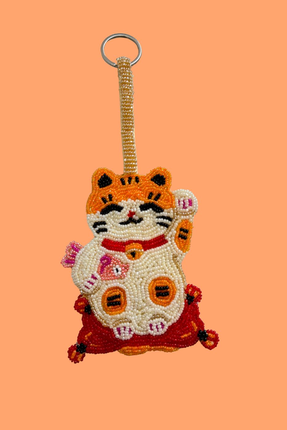 Lucky Cat beaded charm keyring