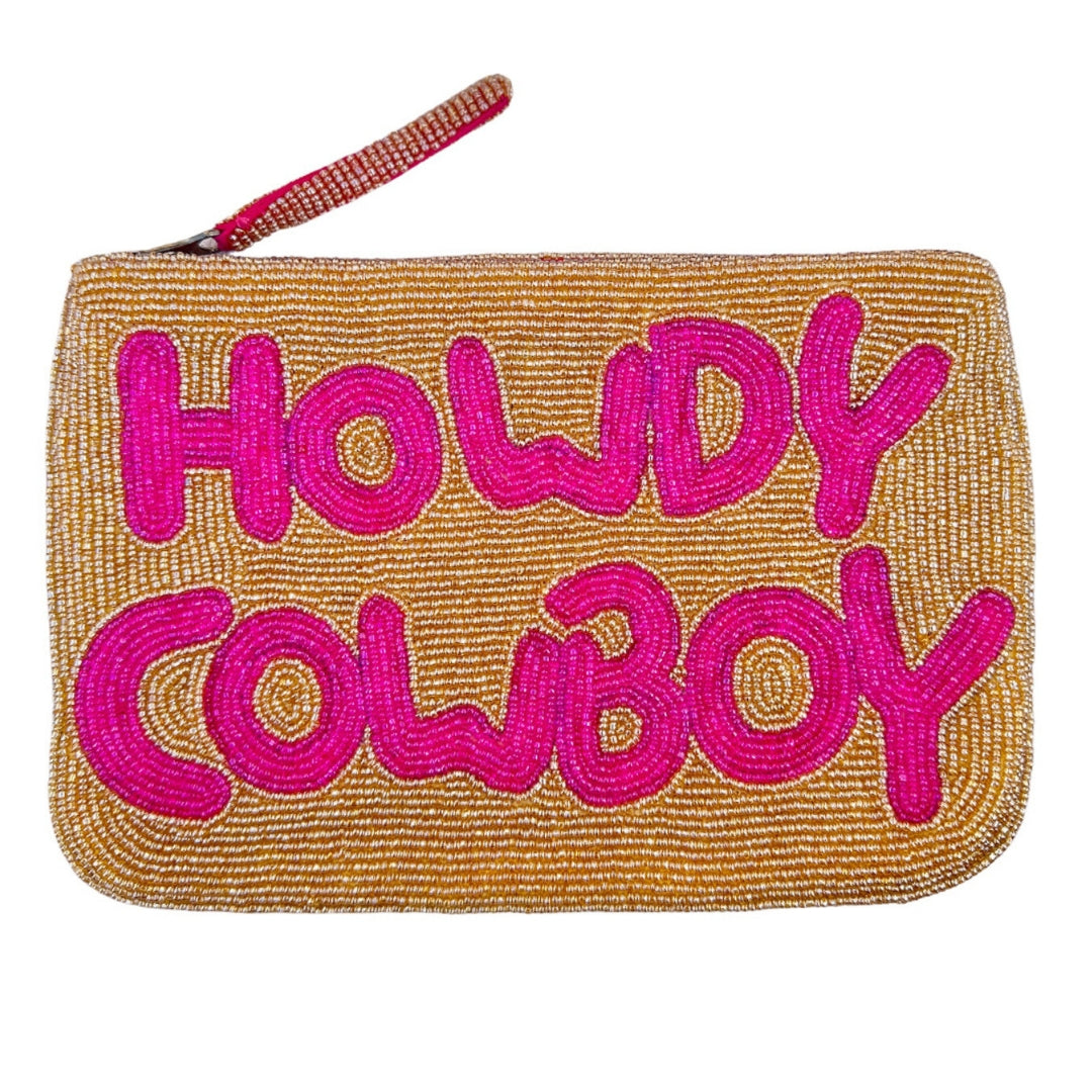 Howdy Cowboy beaded clutch - Gold and pink