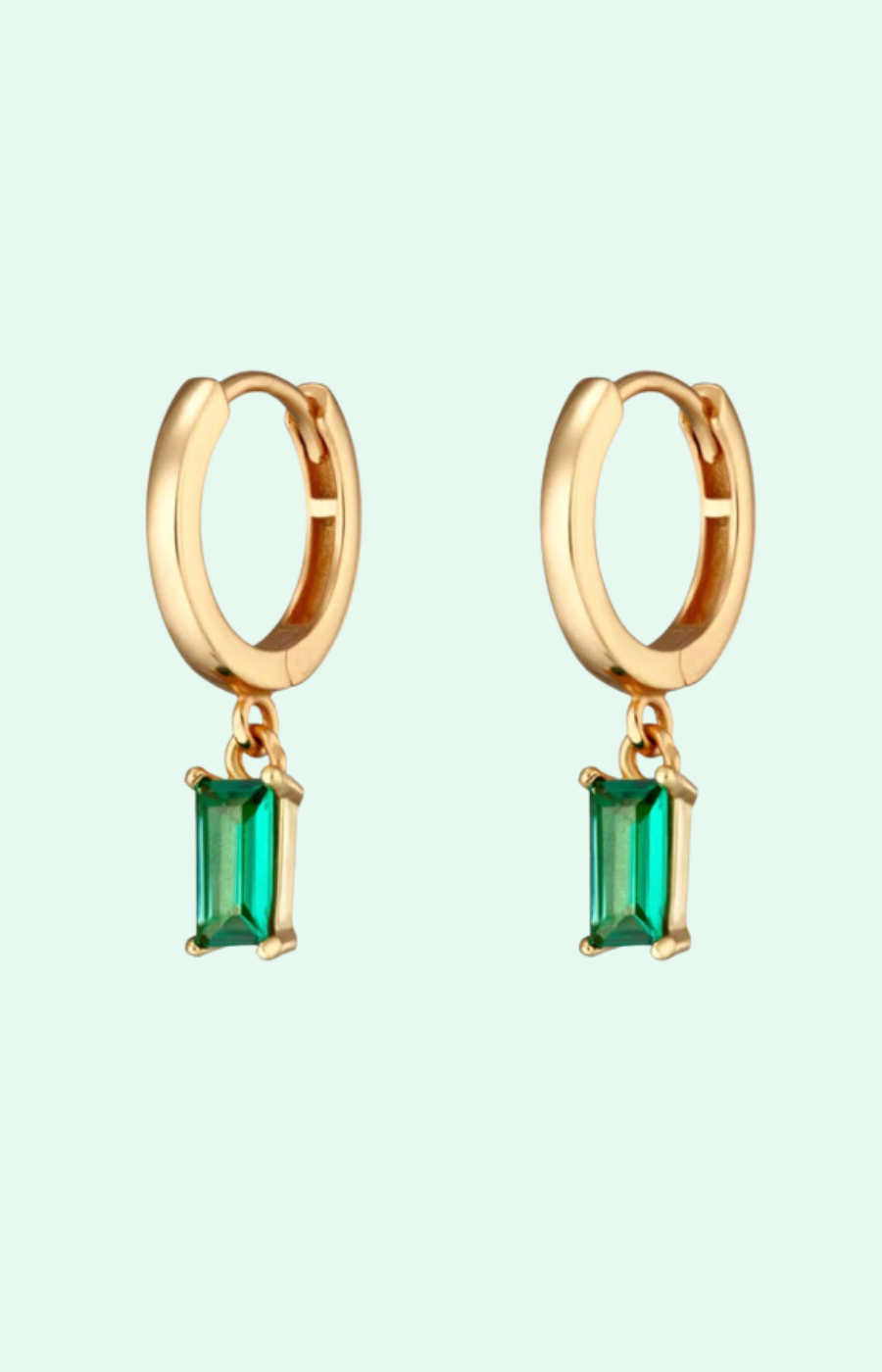 Green Baguette Charm Hoop Earrings